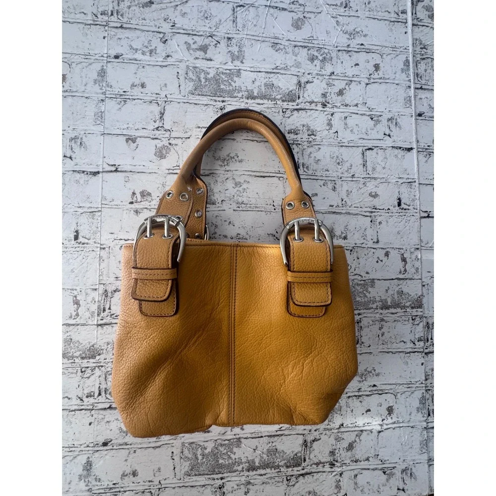 Tignanello Mustard Yellow Pebbled Leather Satchel Buckle Handbag Silver Hardware